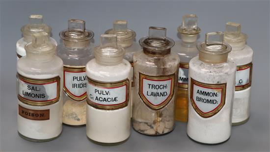 A collection of nine late Victorian chemists dry drug jars and stoppers, with gilt framed named labels